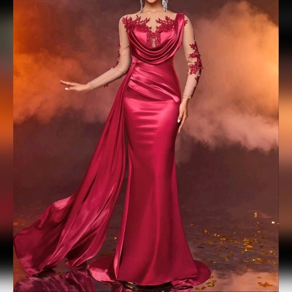 Burgundy Red Elegant Sheer Long Sleeve Floral Applique High Waist